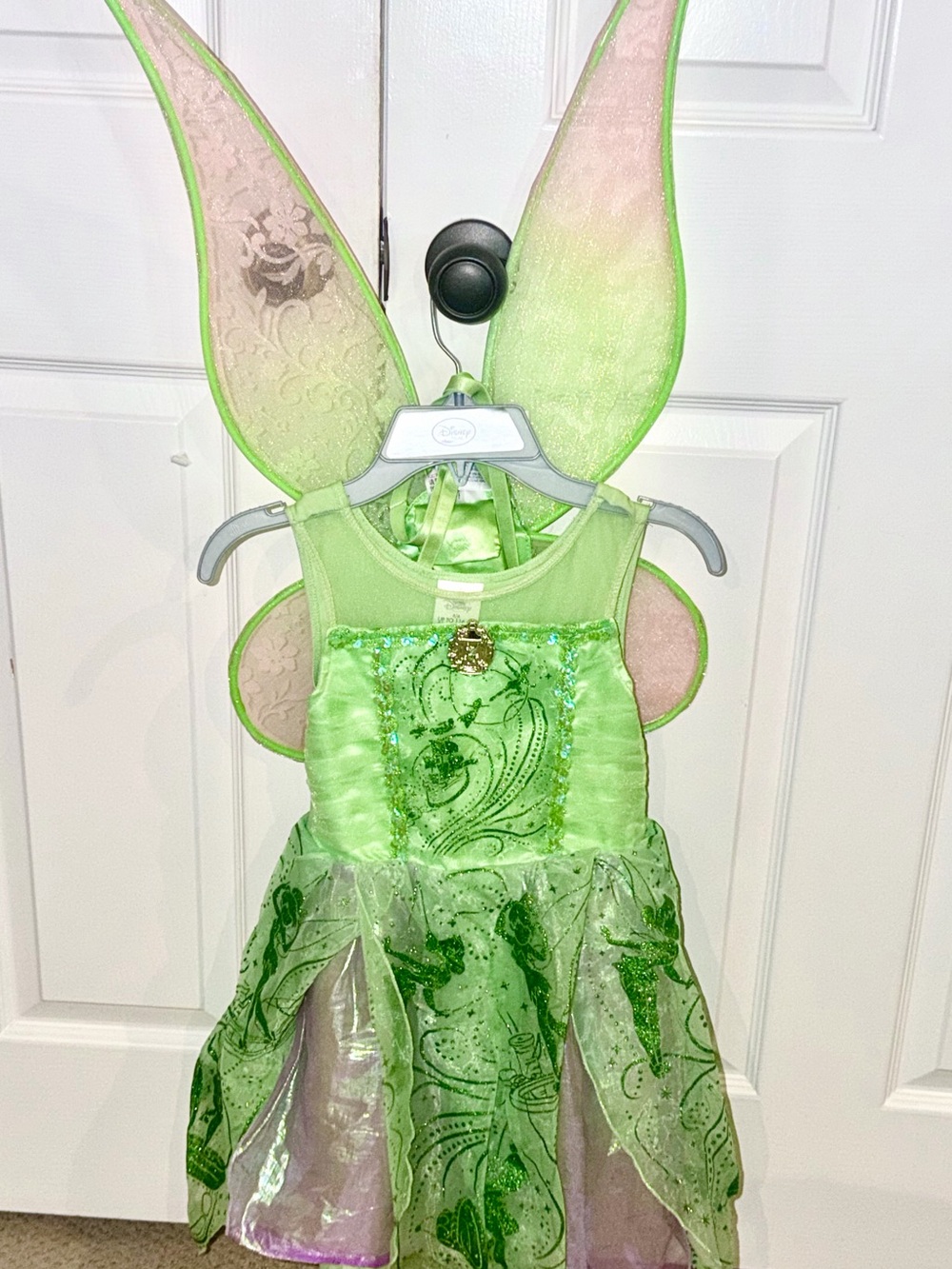 Disney Store Girls Tinkerbell Fairy Costume Glitter Dress Sz 5-6 w/LightUp Wings